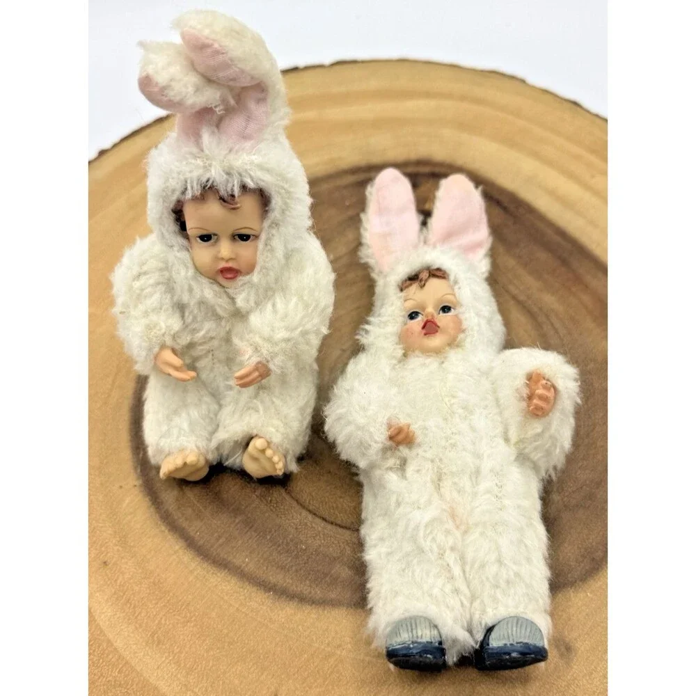 2 Vintage Miniature Porcelain Doll  in Fuzzy Fabric Bunny Costume 4
